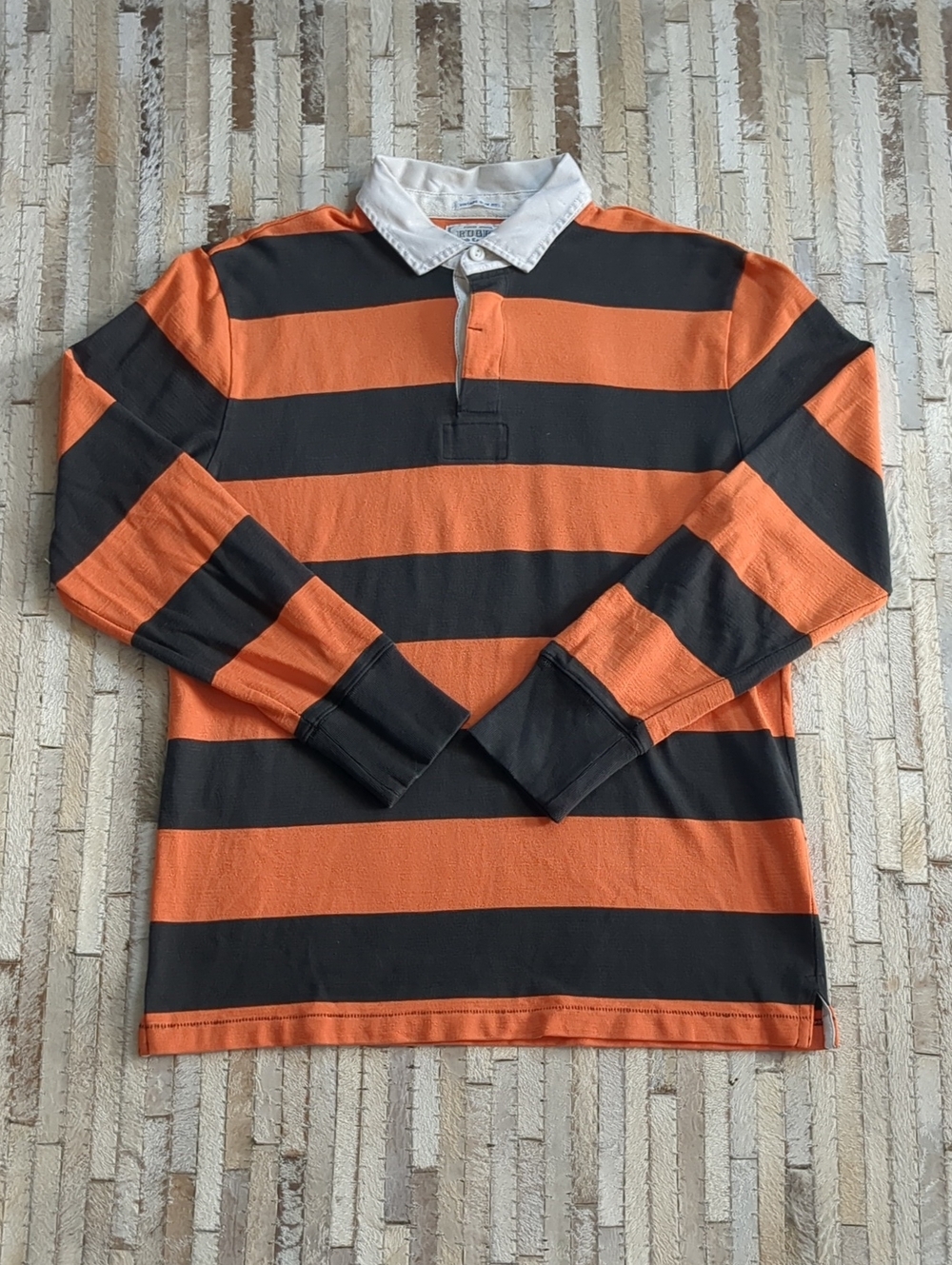 Vintage Rugby Ralph Lauren Men's XL Striped Orange Black Striped Polo Shirt